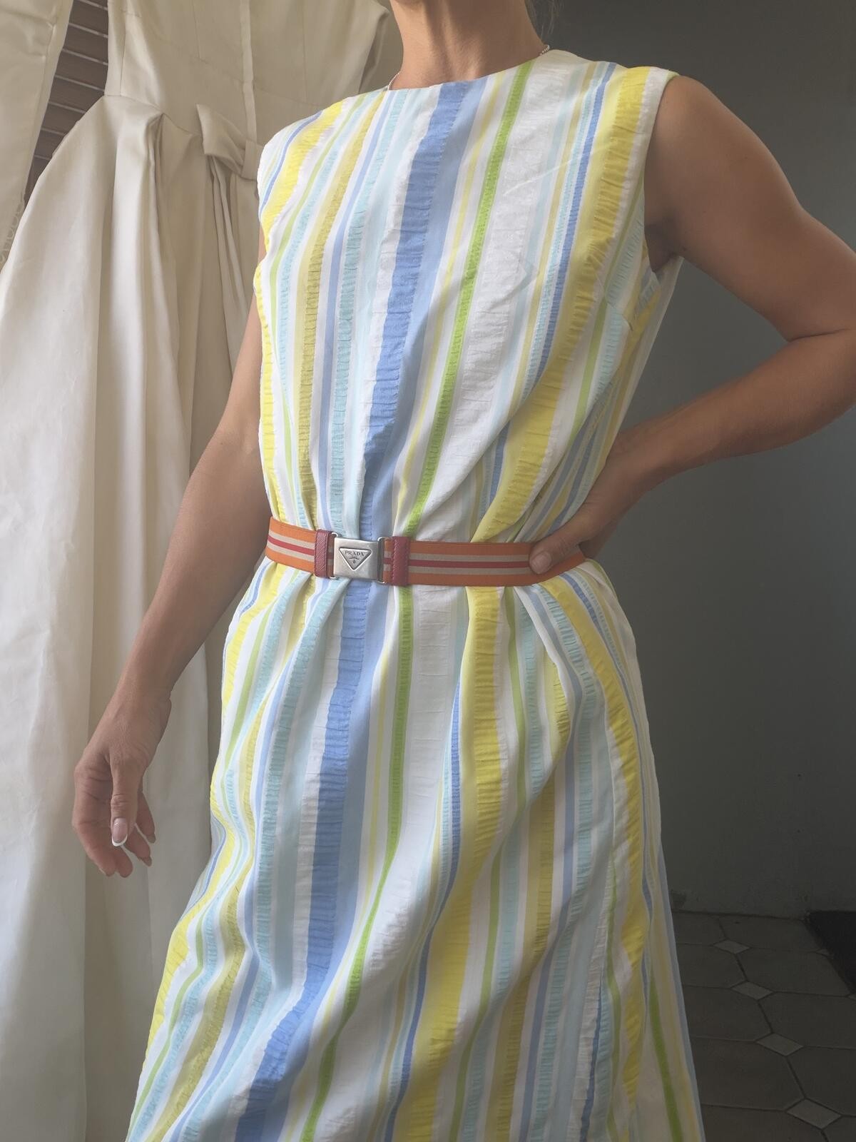 Sleeveless Striped Midi Dress Multicolor Cotton Blend