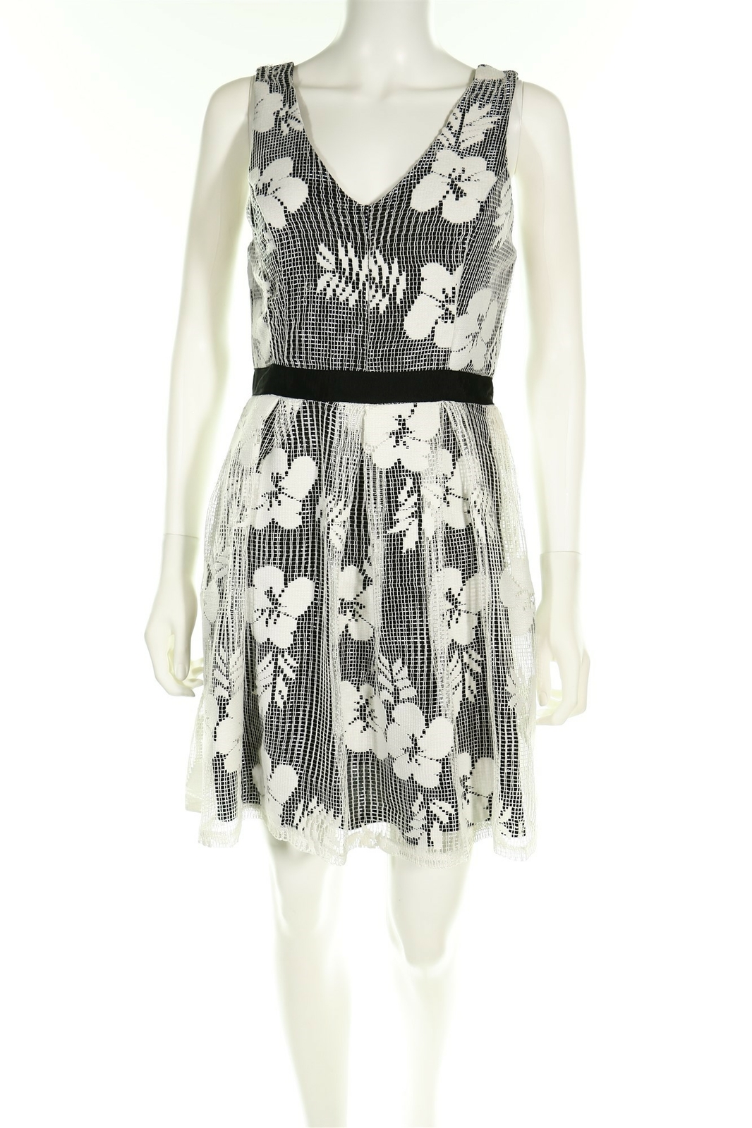 EVERLEIGH Womans Black/Beige Floral Mesh V-Neck Fit & Flare Dress Size Medium