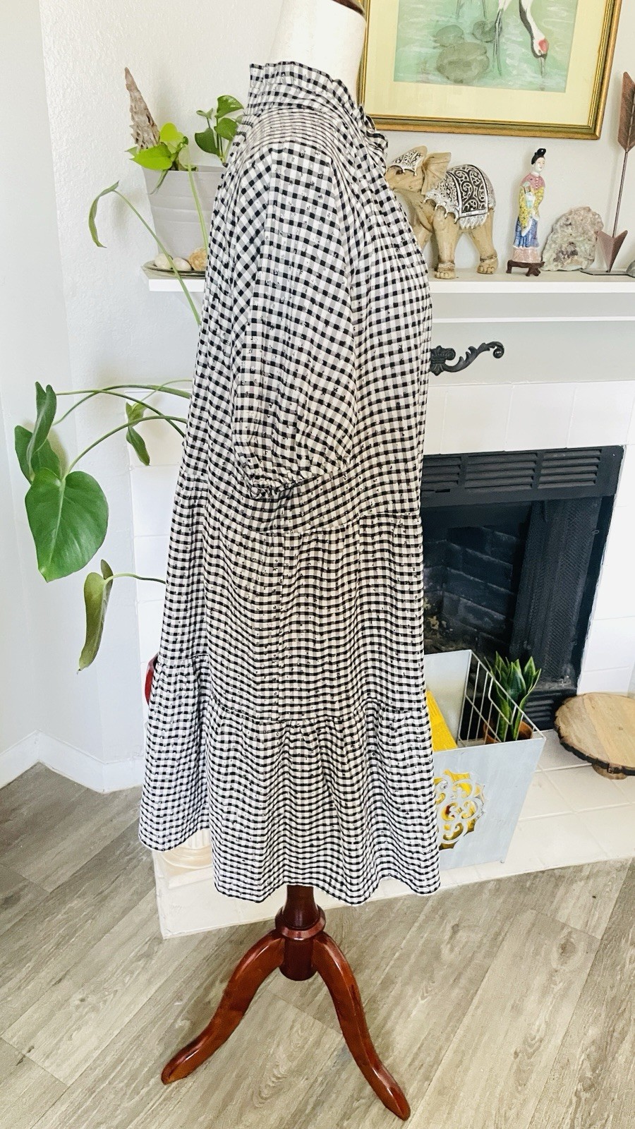 CeCe Black White 2X Gingham Tiered Midi Dress PuffSleeve Cottagecore Prairie