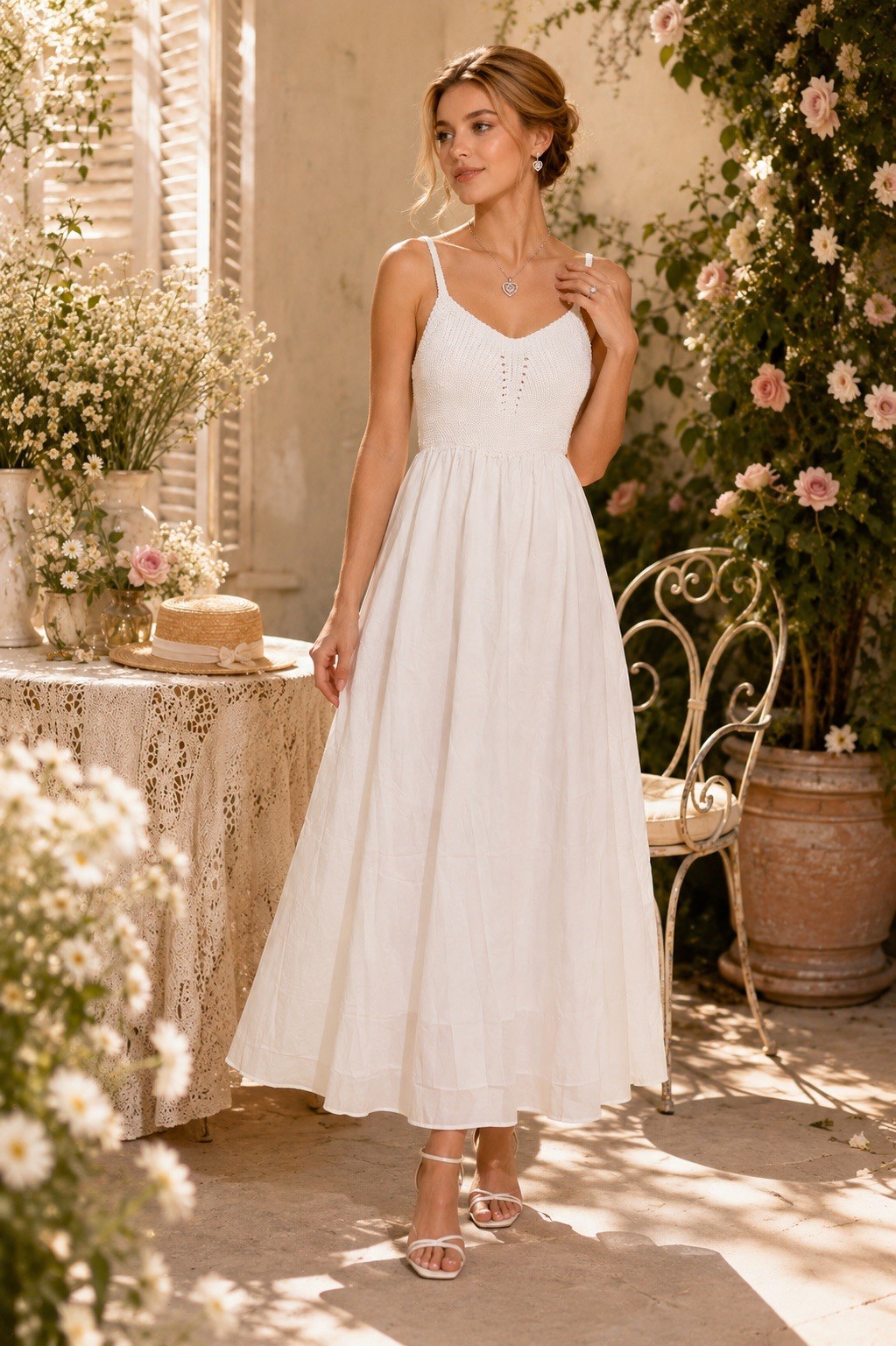 English Factory Cream Eyelet Lace Cotton V-Neck Sleeveless Tie Back Midi M