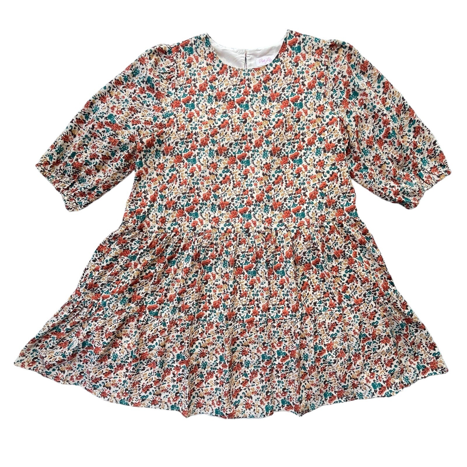 Pink Lily Women’s L Cream Orange Teal, Floral Balloon Sleeve Ruffle Bottom Dress