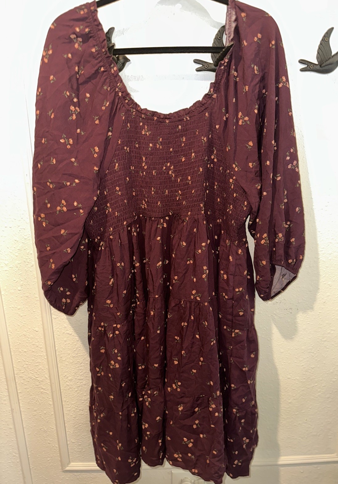 NWT Torrid Plus Size 4X Wine Smocked Bodice Mini Dress Floral Puff Sleeve $76