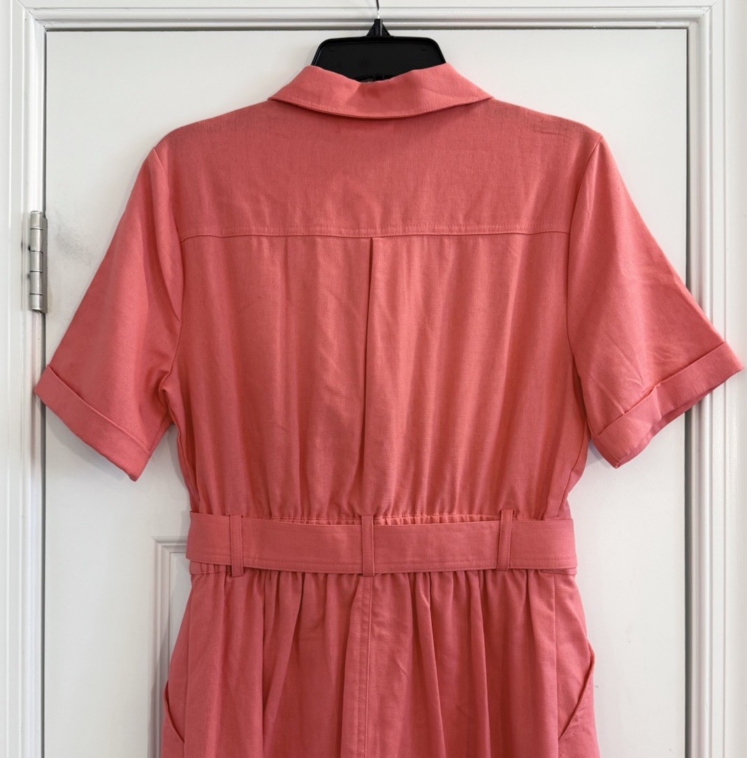 Linen Blend Button Front Shirt Dress Coral Belted Size M NEW