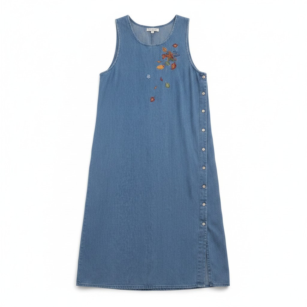 Vintage Casey & Max Blue Embroidered Denim Maxi Jumper Dress sz Large