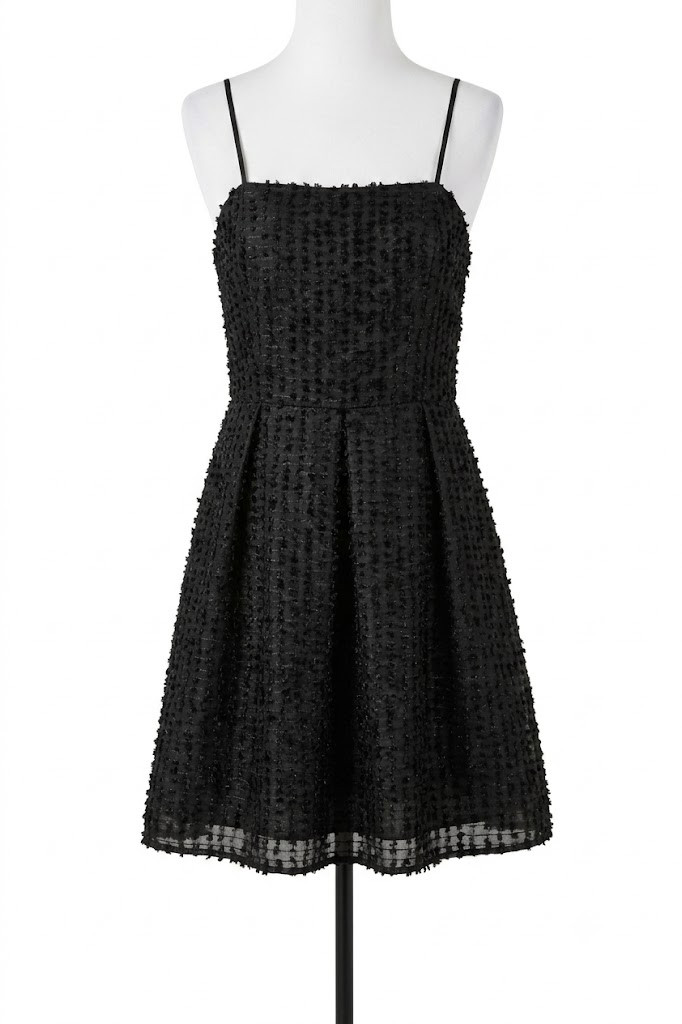 Versona NEW Textured pleated A-line spaghetti strap Little black Dress, sz M