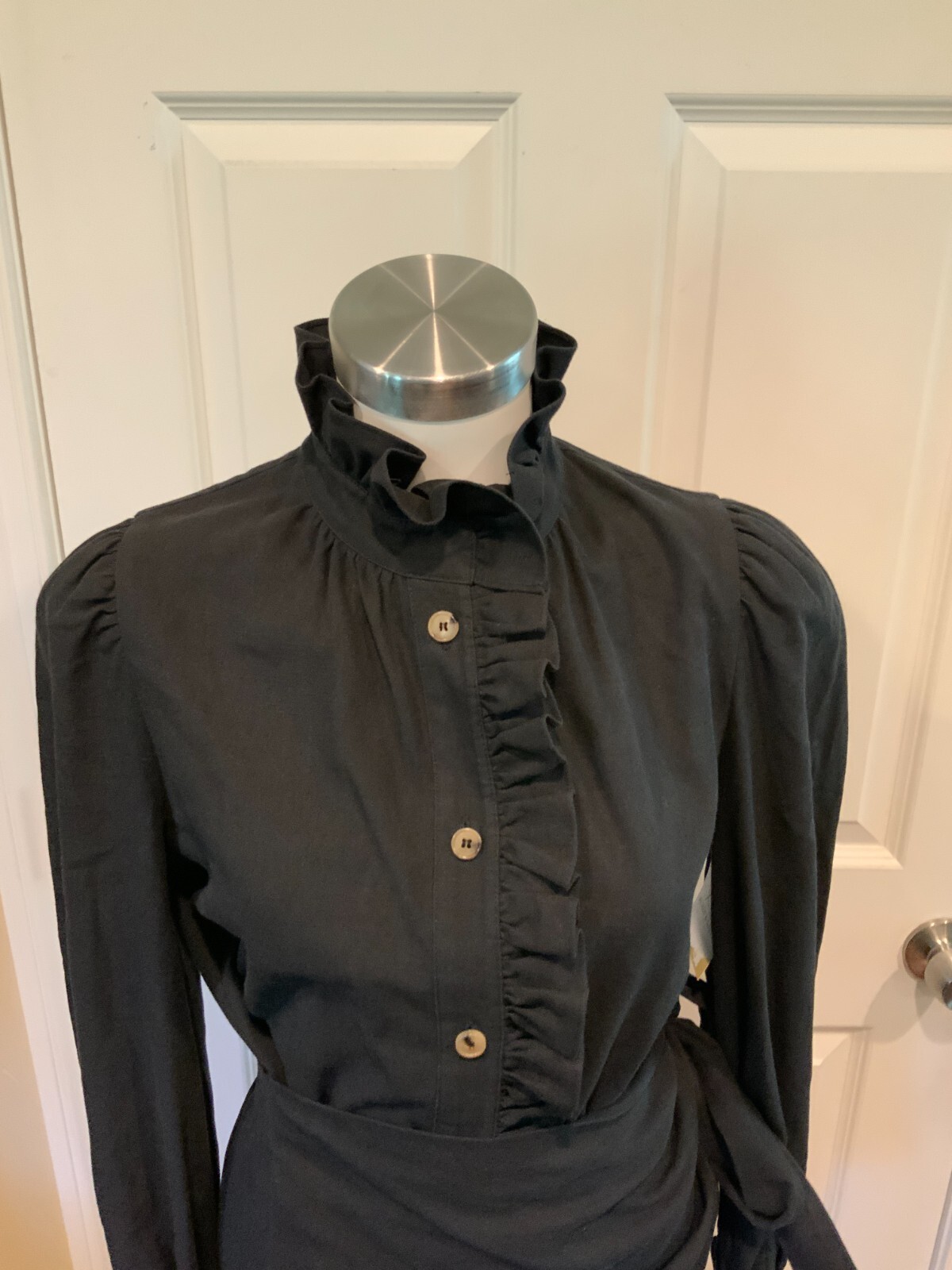 Goen.J Black Asymmetrical Button-Up Ruffle Shirt Dress W/ Tie, Size 6
