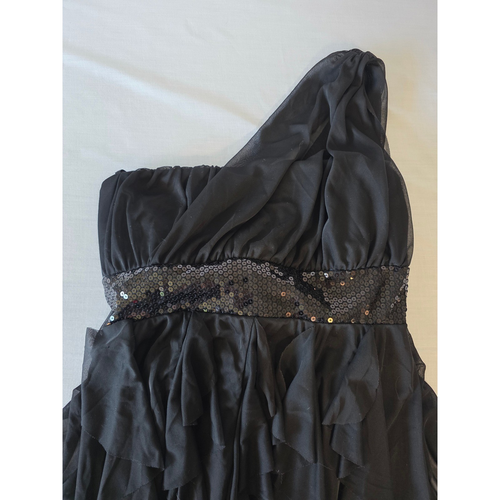 Deb One Shoulder Mini Dress Sequin Waist Ruffle Tiered L Black Cocktail Party