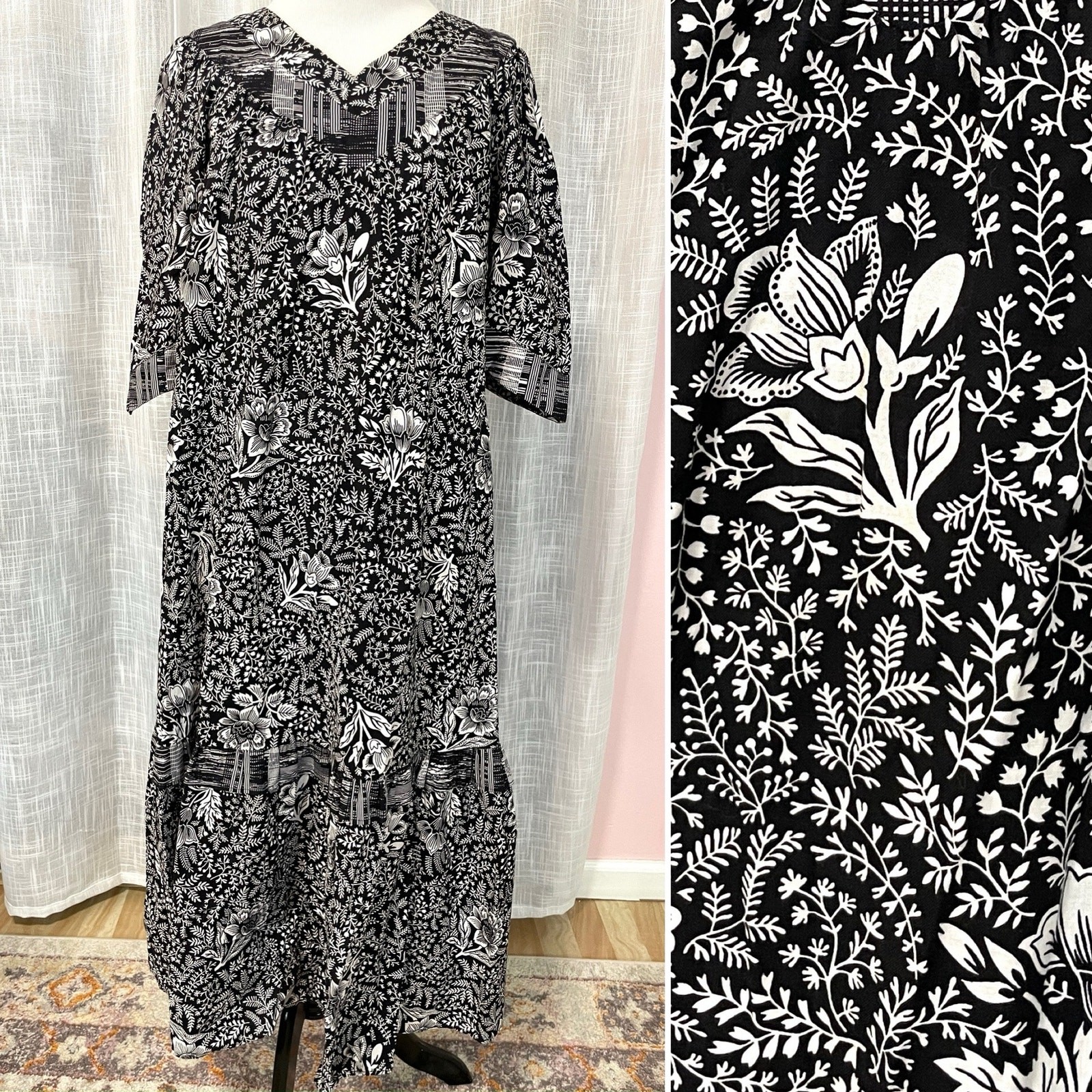 Vintage Mako Hawaii Hawaiian Muumuu Dress 7/8 Black White Floral Ruffle Cottage