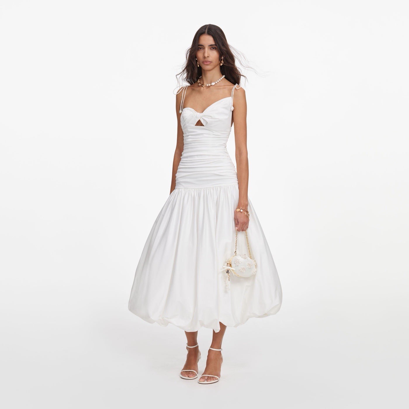 Self Portrait WHITE COTTON GATHERED MIDI DRESS