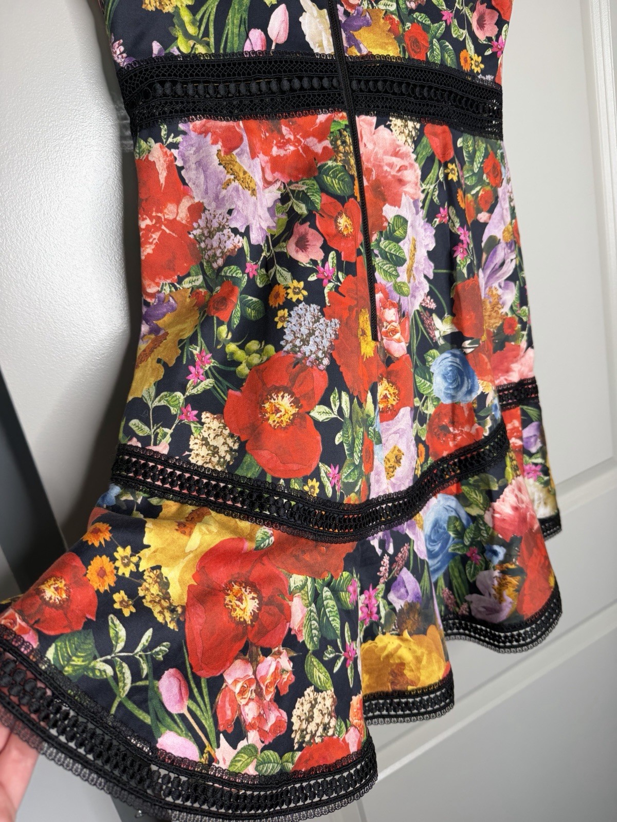 Alice and Olivia Rapunzel Lace-Trim Floral Print Mini Dress Red Black Size 10