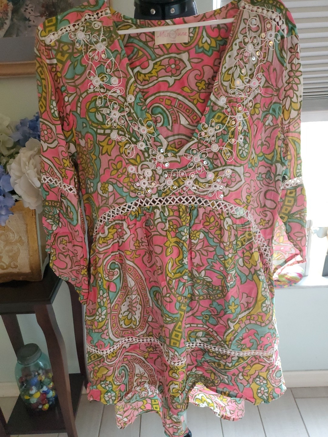 Miss June Dress Women’s Sequins Short Babydoll Swim CoverUp Floral Boho Summer