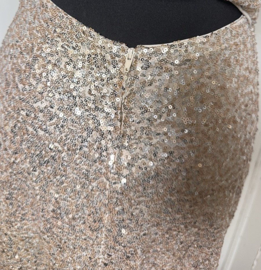 Crystal Doll Jr Size 7 Rose Gold Silver Sequin Maxi Gown Open Back Party Dress