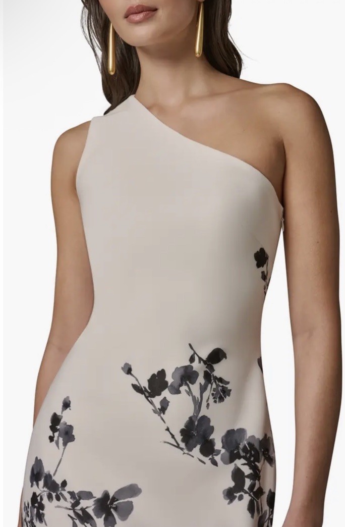 New Donna Karan New York One Shoulder Floral Print Dress Cream/Black Multi Sz 8