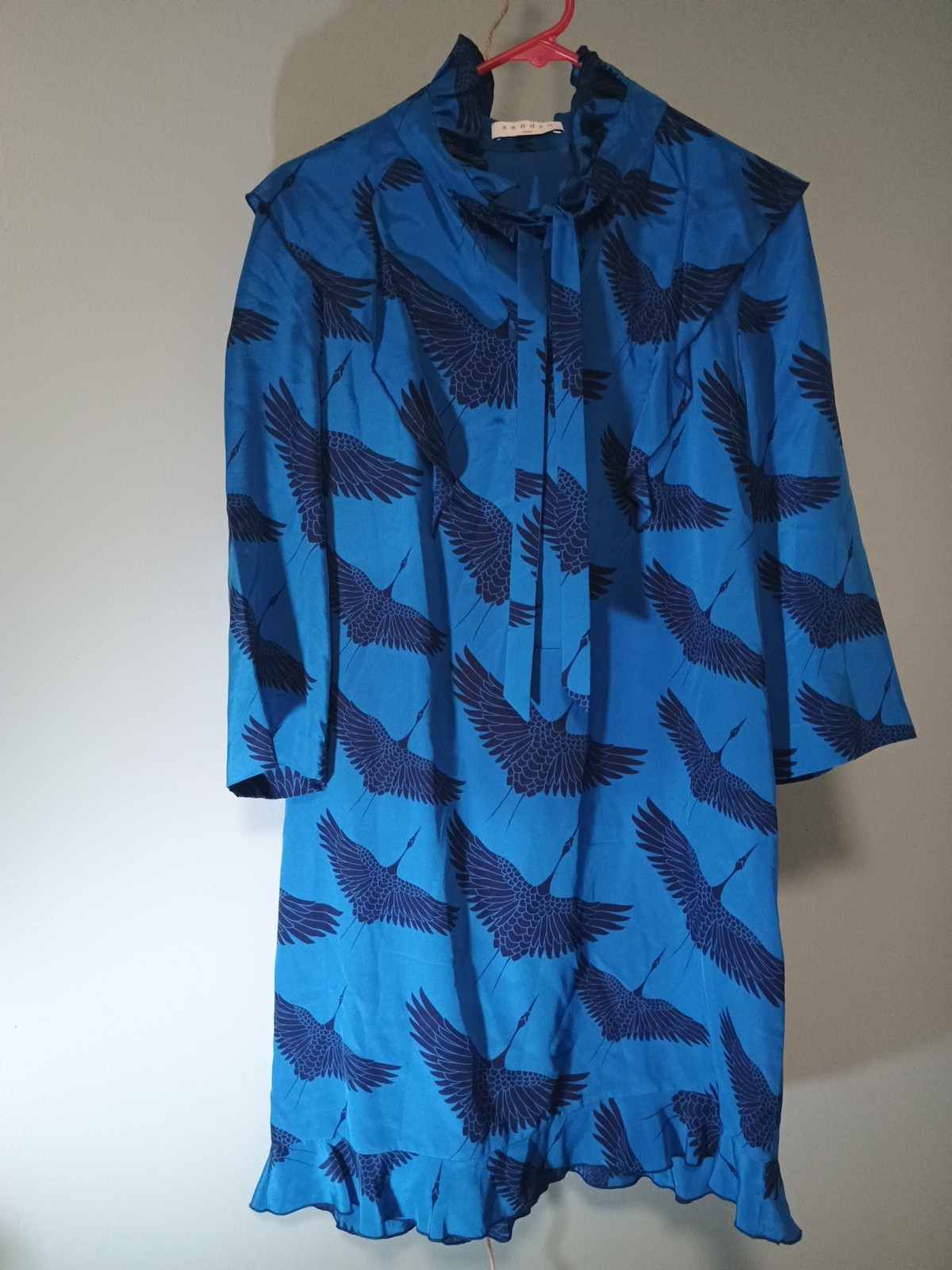 Sandro Paris 100% silk dress deep royal blue ruffle high neck Size 2 Ruffle hem