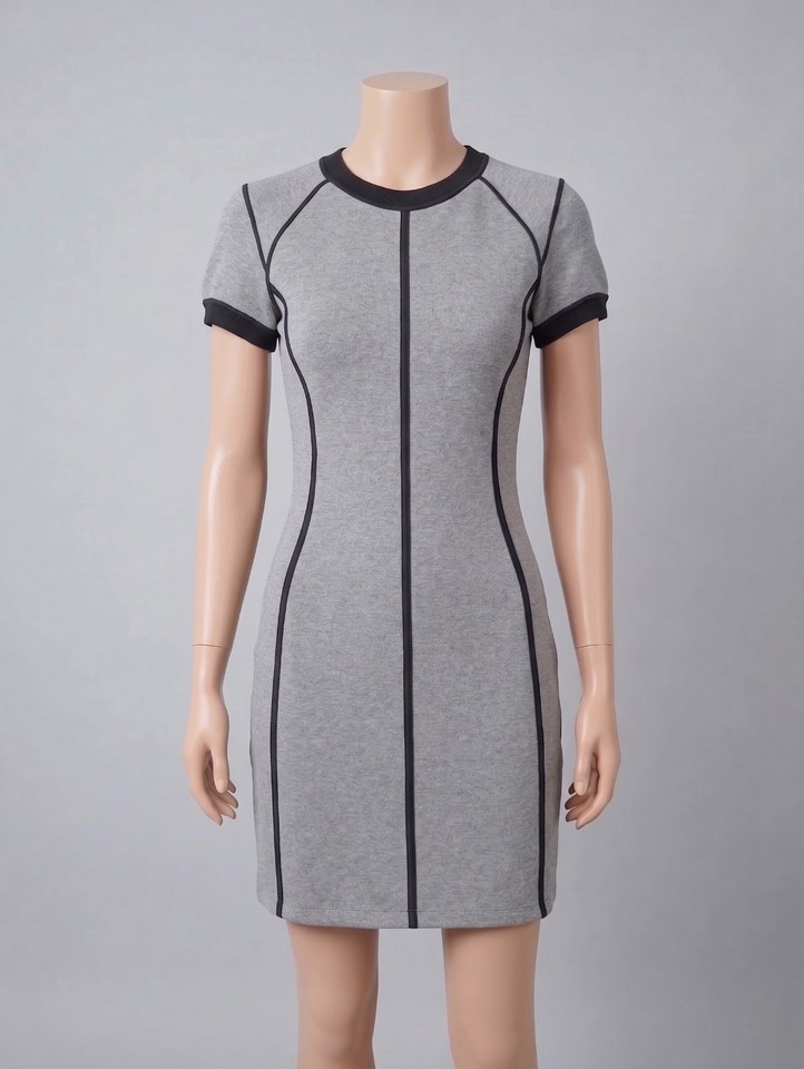 Theory Nevassa Womens L Gray Ponte Sheath Dress Puff Sleeve Quiet Luxury Office
