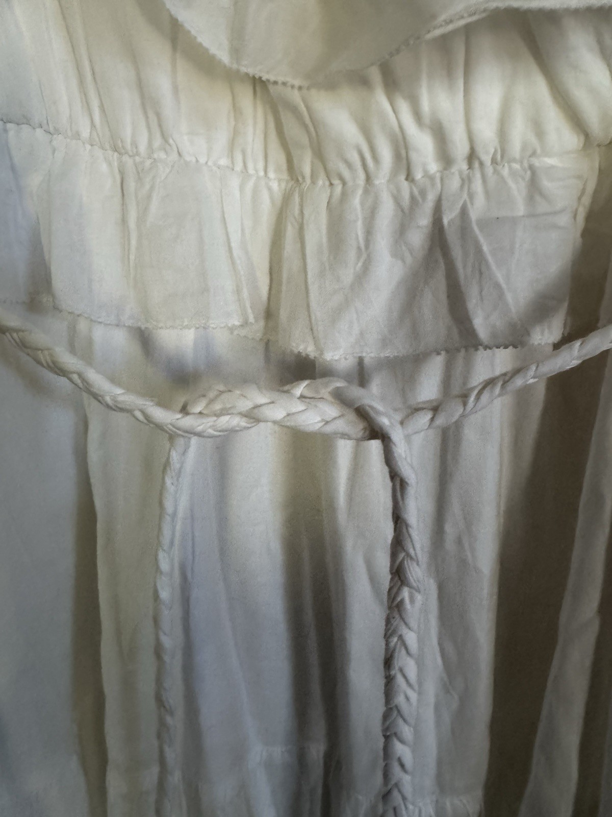 Long, White Linen-like Sun Dress S-6. Neck Ruffles. Sleeveless. Lined. Pockets.