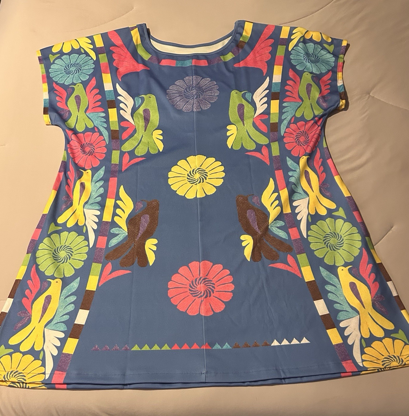 Women’s Blue Multicolor Bird Floral Print Scoop Neck Cap Sleeve Shift Dress