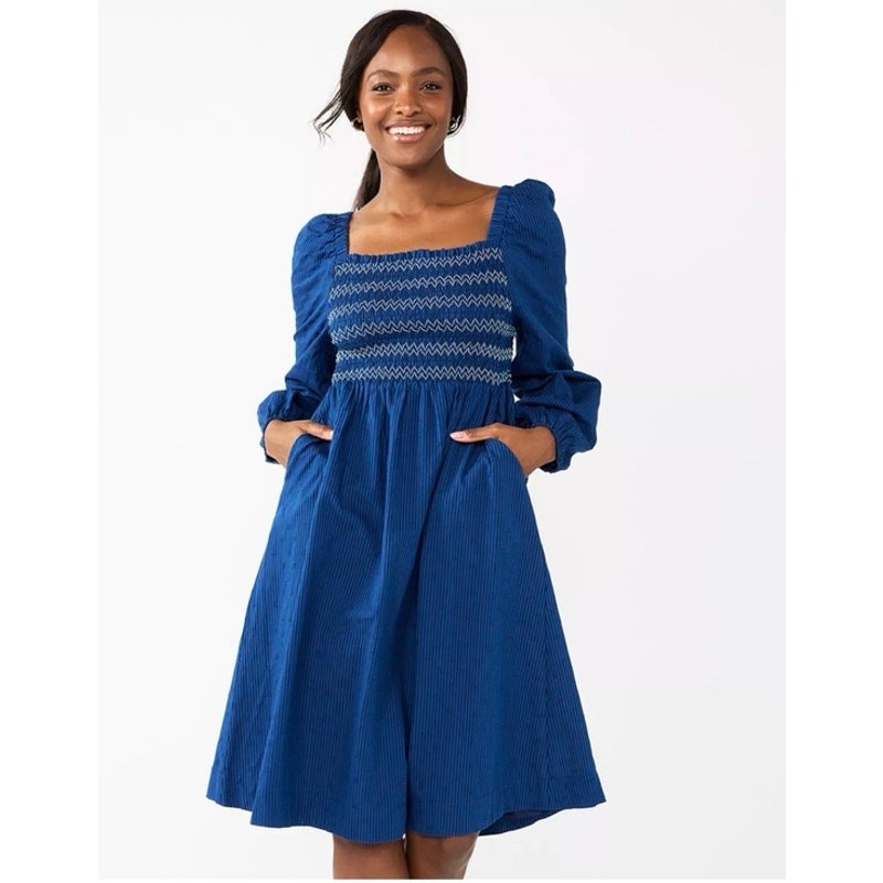 Draper James RSVP Navy Smocked Square Neck Long Sleeve Midi Dress Pockets Sz L