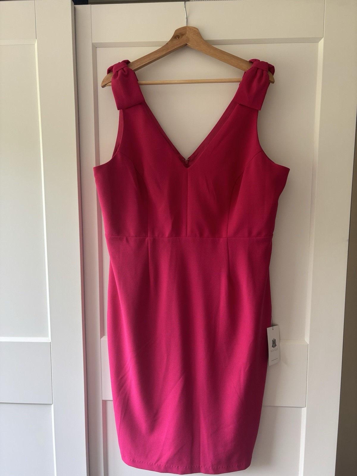 Montique Bright Pink Sheath Dress AU 18 Bow Detail Hidden Zip Lined NWT