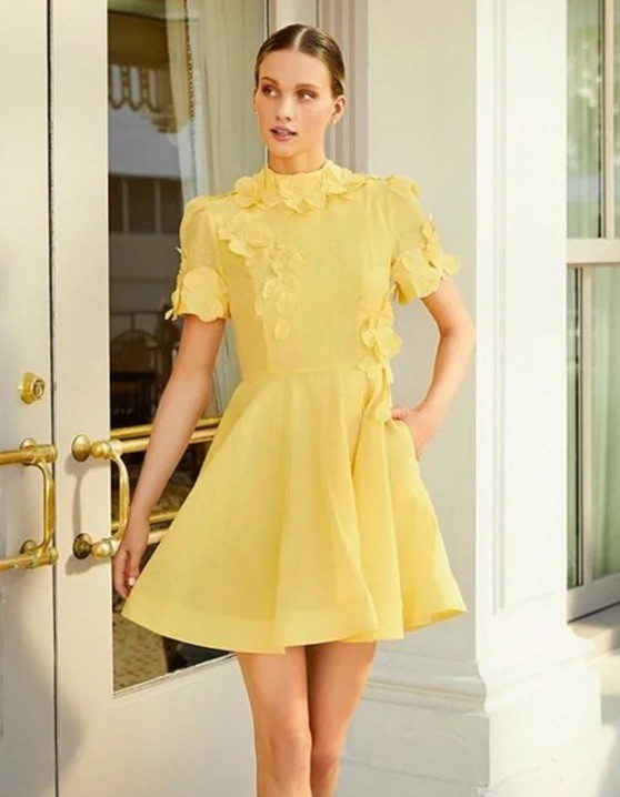 Antonio Melani SZ 10 Iris Linen Floral Appliqué Mockneck Dress Sunshine Yellow