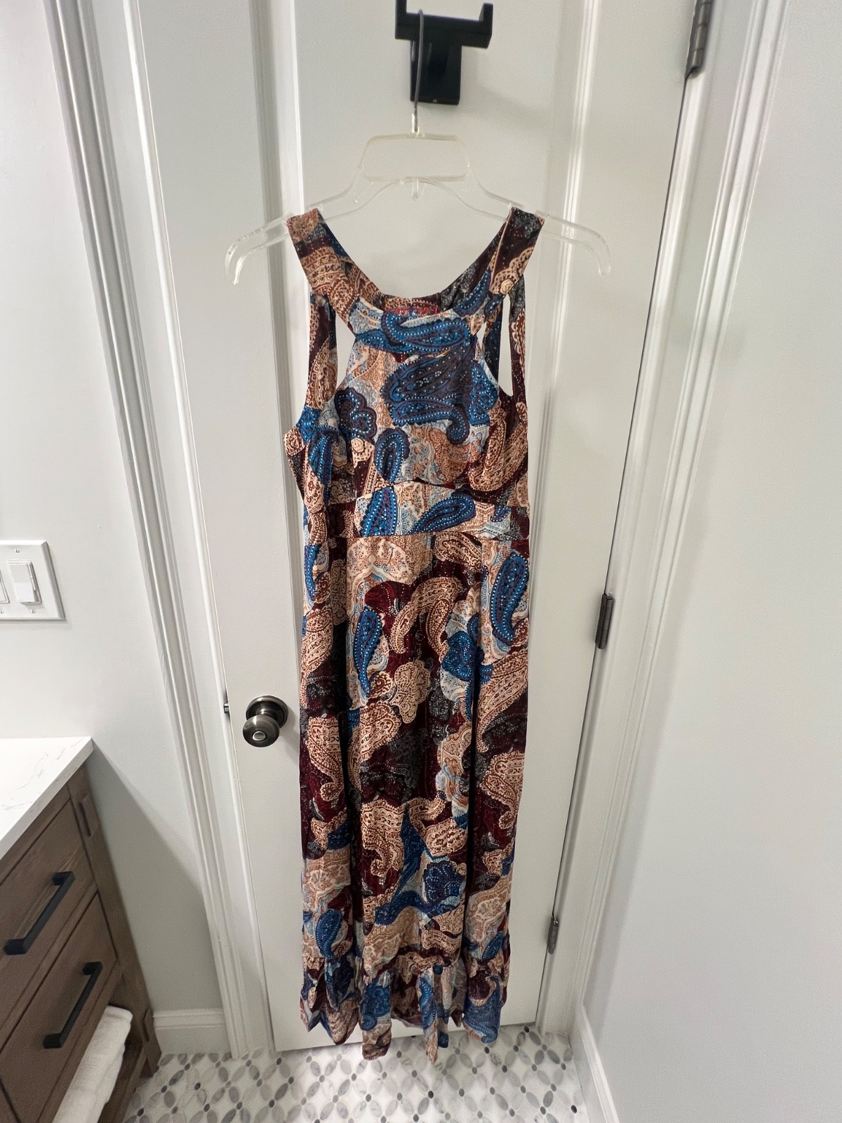Boho XS Maxi Brown and Blue Paisley Chiffon Dress with Back Cutouts