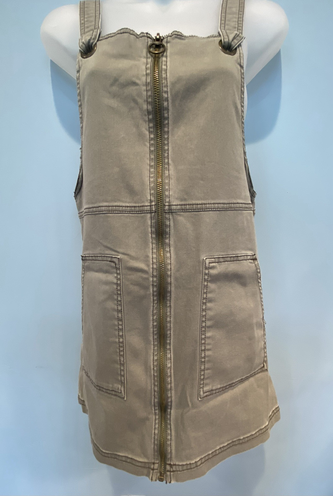 Zipper And Straps Front Tan/Kaki Mini Dress – Womens Size Small