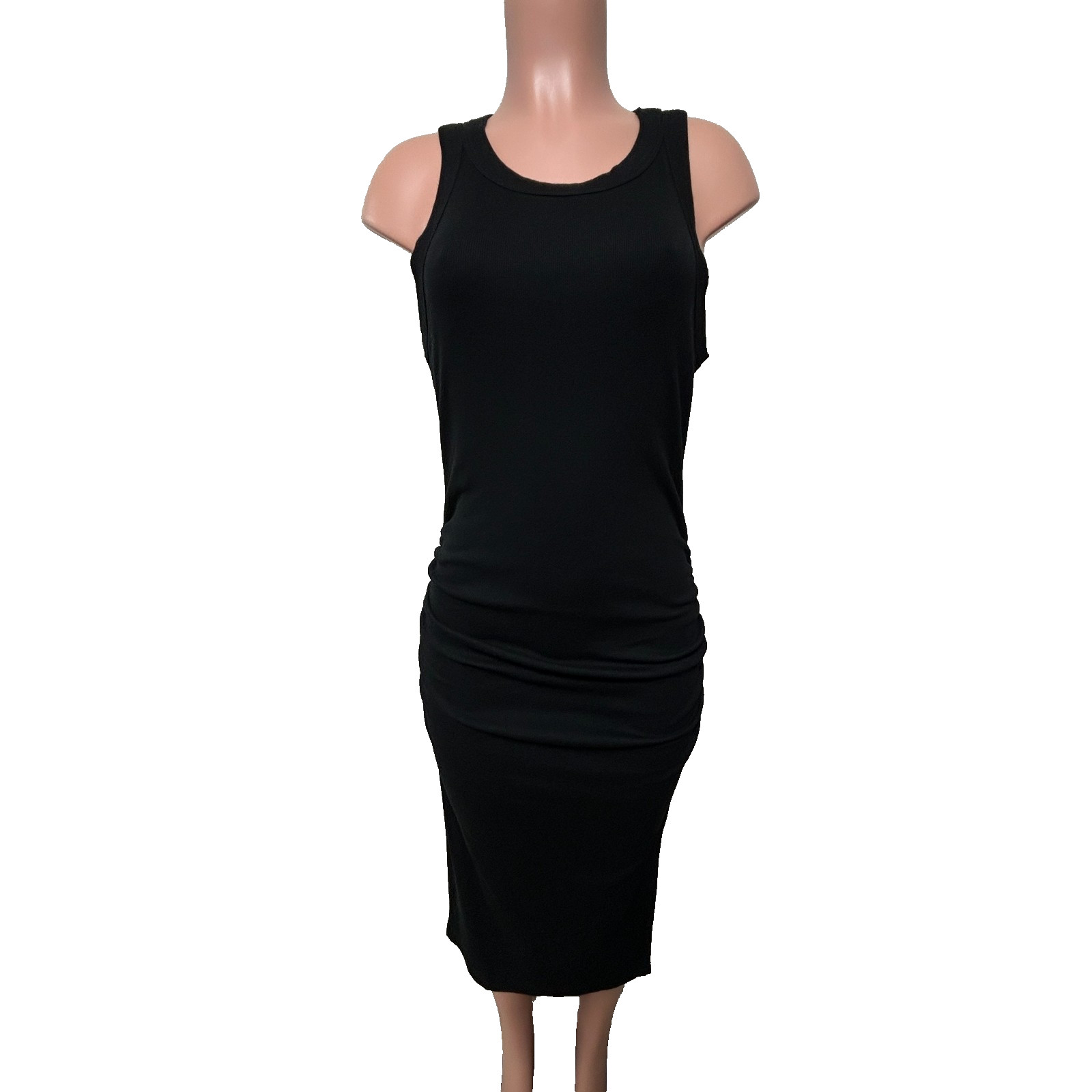 Michael Stars Wren Ruched Ultra Rib Midi Dress Women’s Size Large Black NWT