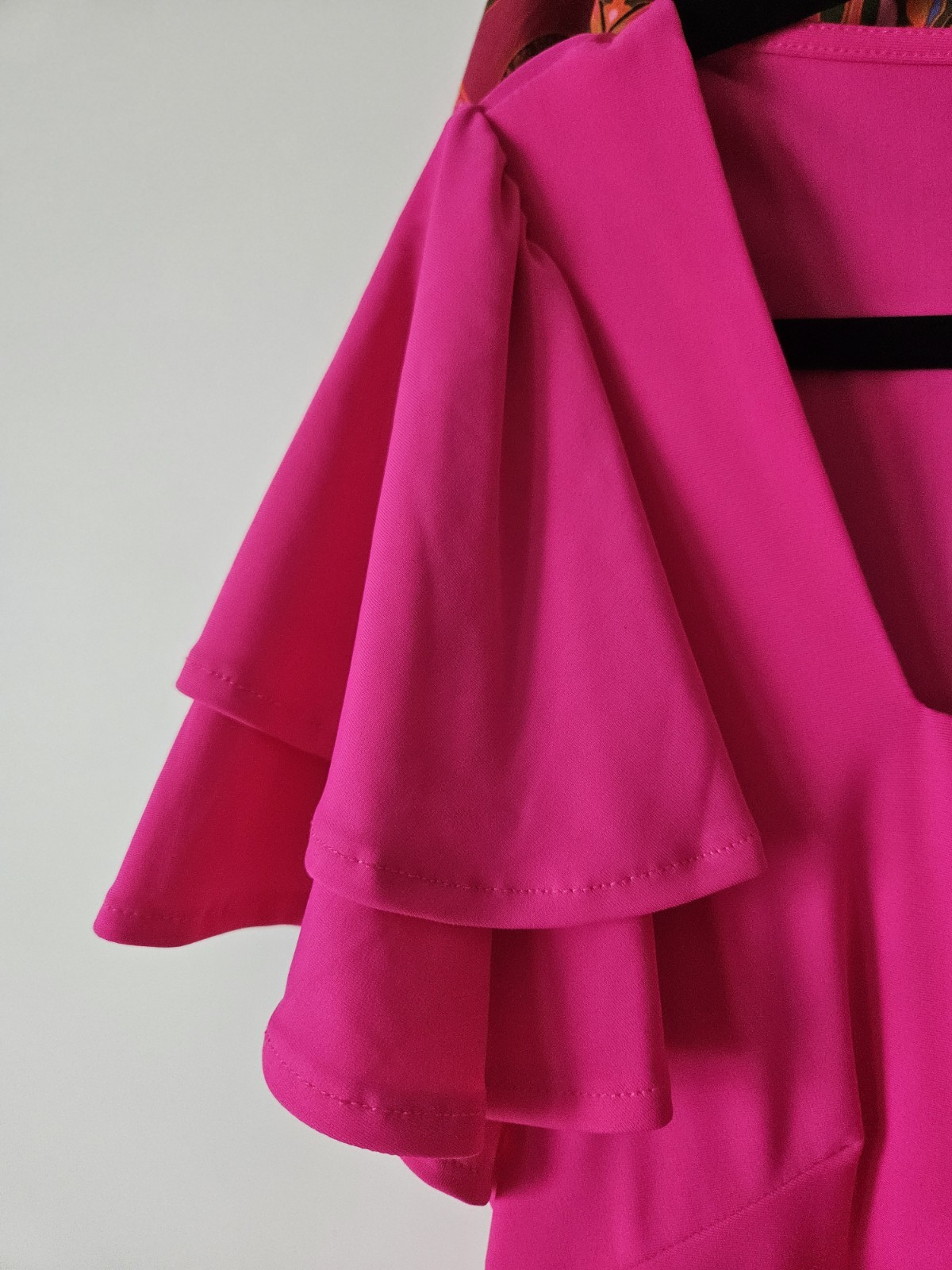 Hot Pink Solid Shift Dress Square Neck Flutter Ruffle Sleeves with Pockets XL