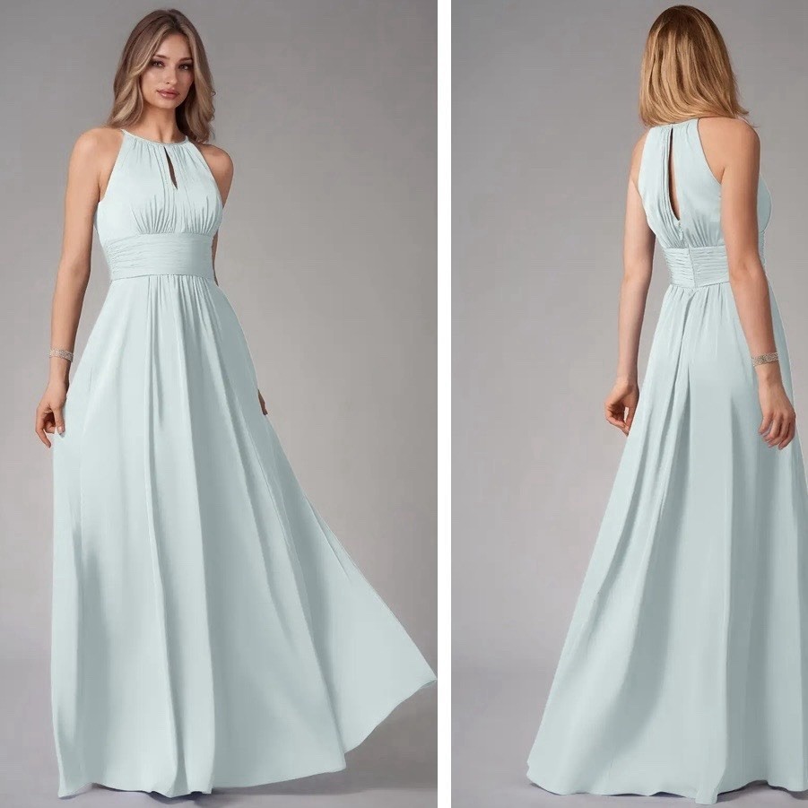 Azazie Bonnie A-Line Keyhole Ruched Chiffon Dress Gown Dusty Sage Sz C Custom
