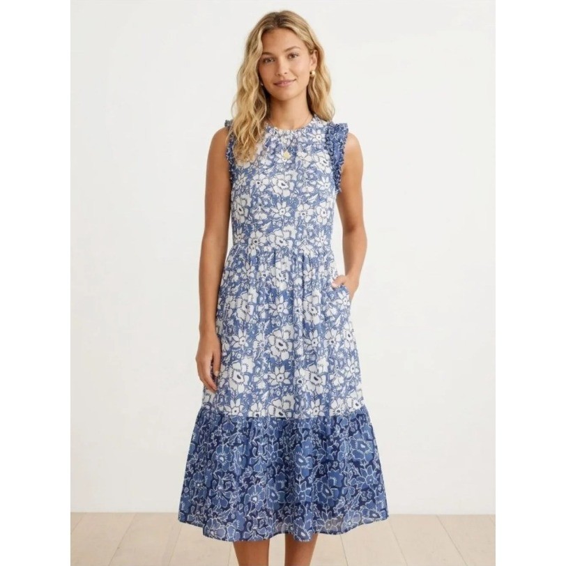 J.Crew Blue Floral Block Print Ruffle Tiered Midi Dress Pockets CA214 Sz 12 NWT