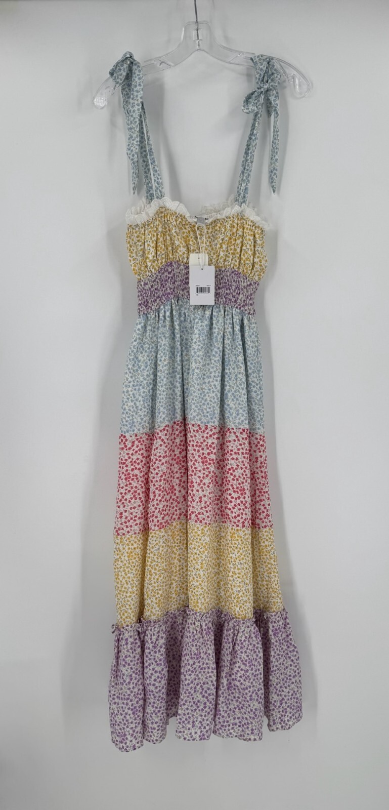 Stellah Multicolor Floral Ruffle Tie Strap Smocked Layered Midi Dress Sz XS NEW
