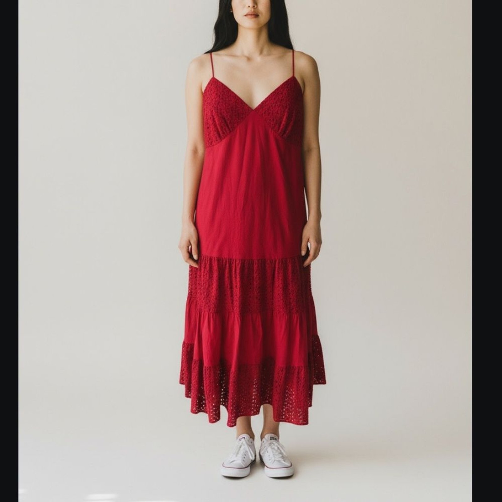 Michael Kors Cotton Spaghetti Strap Eyelet Ruffle Midi Dress Red Size 10 NWT