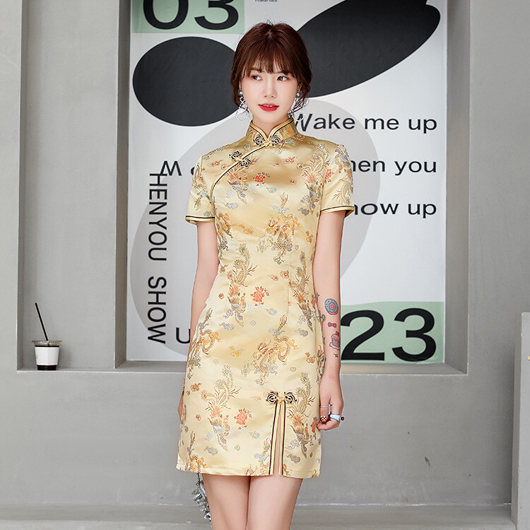 Women Sexy Qipao Dress Chinese Summer Silk Satin Short Cheongsam Lady Party Gown