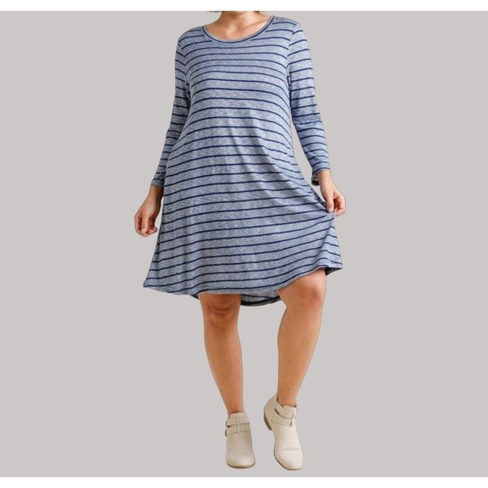 Umgee USA Womens Striped T Shirt Dress Long Sleeve Relaxed Casual Coastal Beach