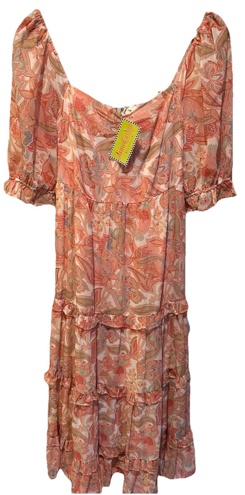 Lena Paisley Peach Floral Midi Tiered Puff Sleeve Smocked Back Dress Medium New