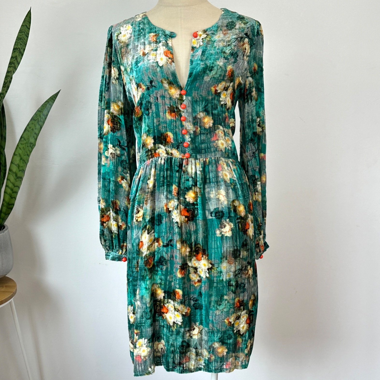 LEONA EDMISTON – SILK BLEND VELVET FLORAL MIDI DRESS – TEAL – SZ 3/ 14 AU/ 10 US