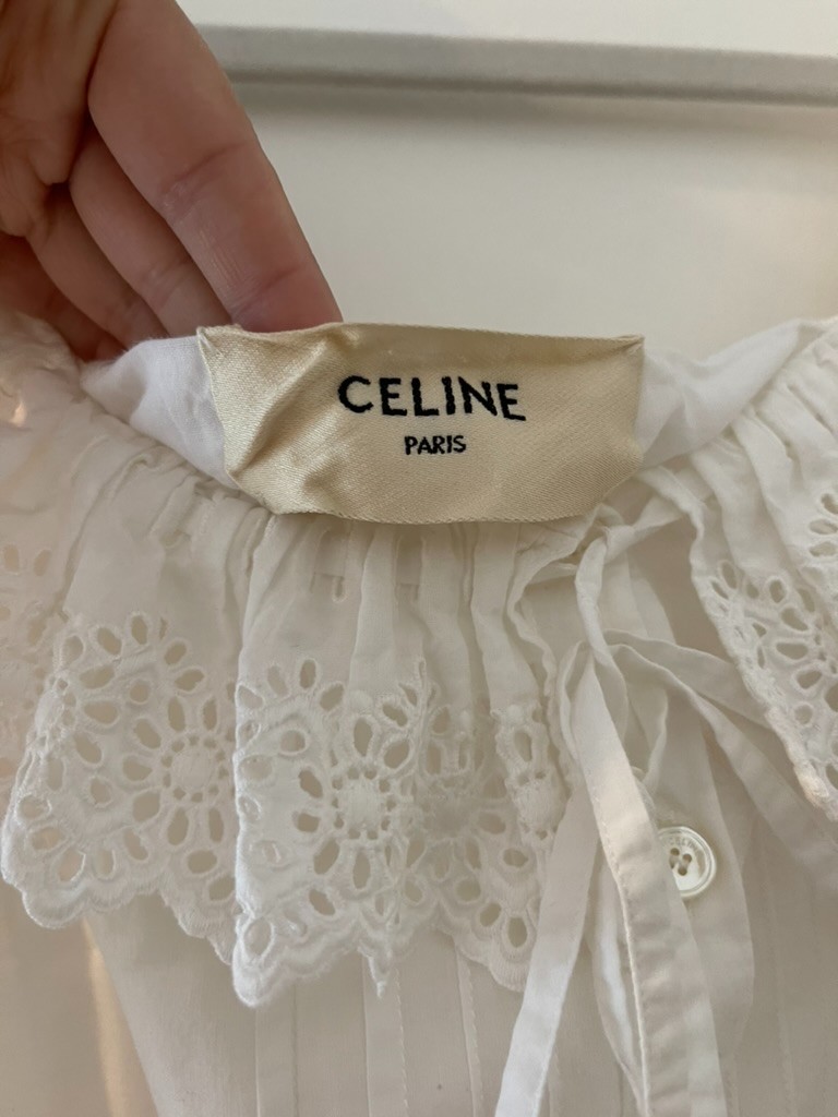 Celine Dress Hedi Slimane White Cotton Lace Small Eyelit Sz 38 Womens