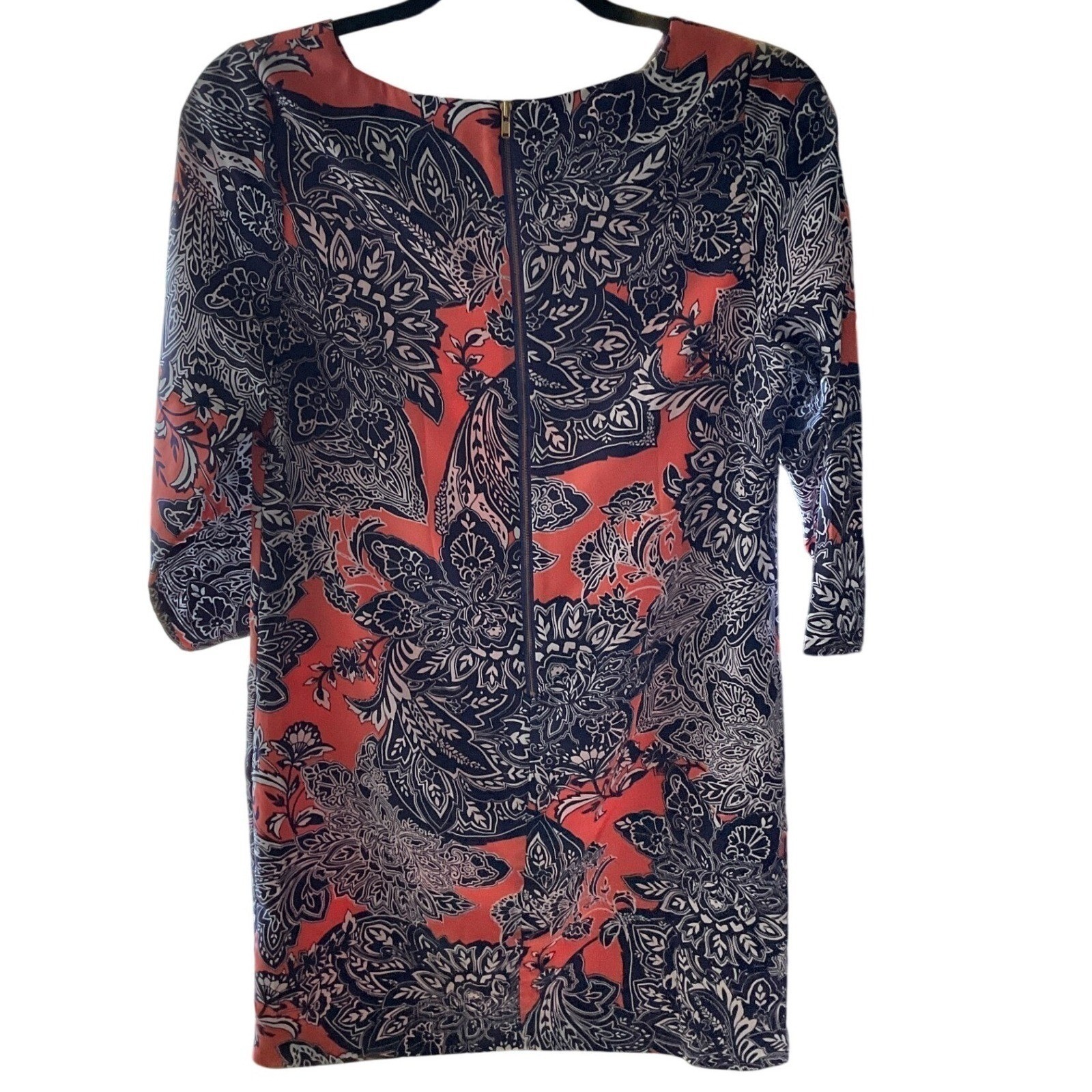 The Limited Womens Paisley Floral Shift Dress 3/4 Sleeve Coral Navy Blue XS