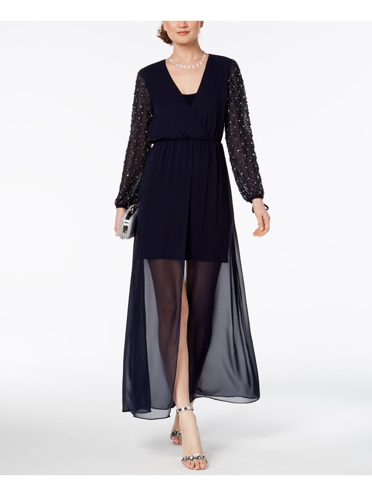 BETSY & ADAM Womens Navy Gown Long Sleeve Full-Length A-Line Dress Petites 2