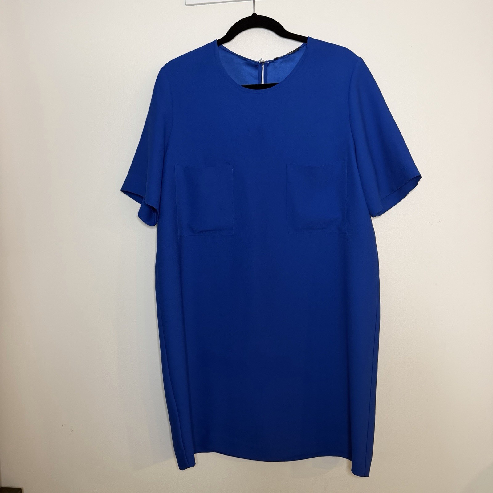 Mango Royal Blue Shift Boxy Midi Dress With Chest Pockets , Size 8