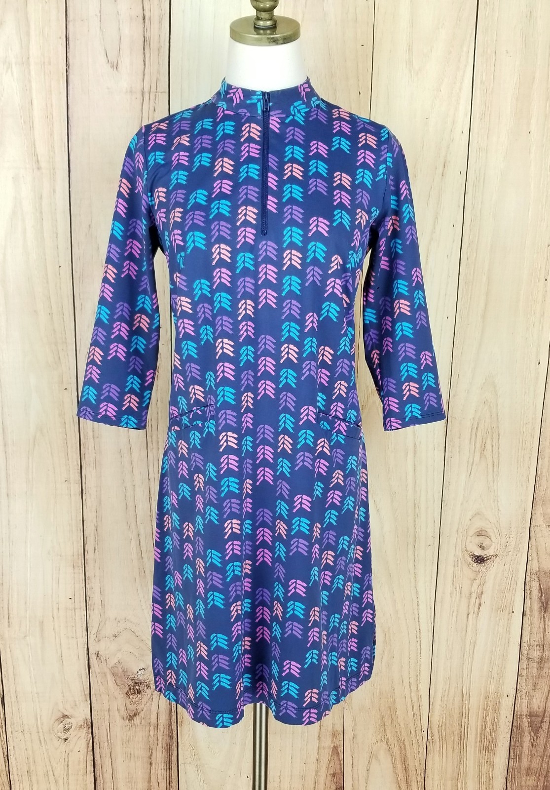 Katherine Way Dress Size S Purple Multicolor Geometric 3/4 Sleeve Mock Neck
