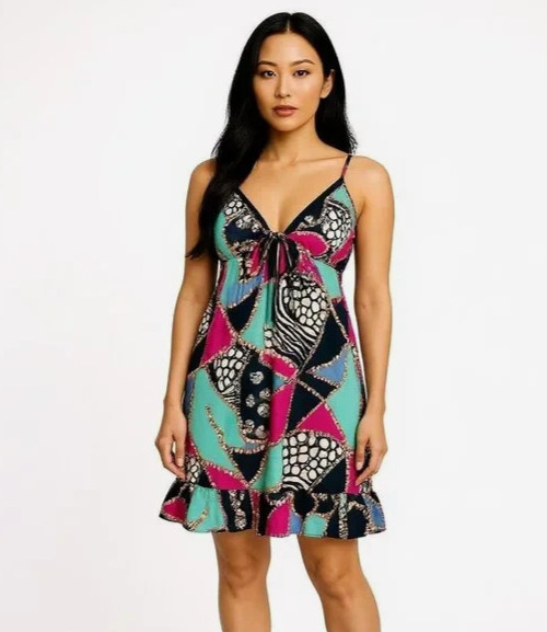 Kathryn Dress Womens M Multicolor Geometric Chain Print Strappy Ruffle Hem