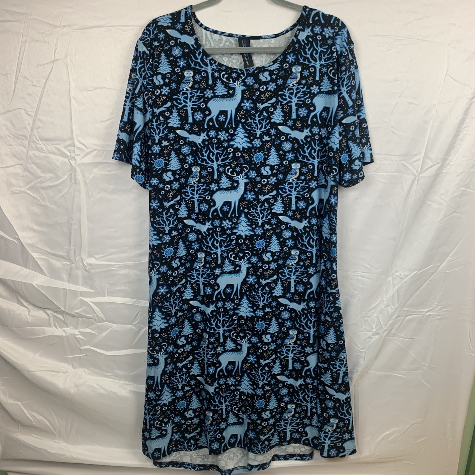 Knit Swing Dress A-Line Womens 2XL Pockets Fairycore Owl Deer Fox Black Blue