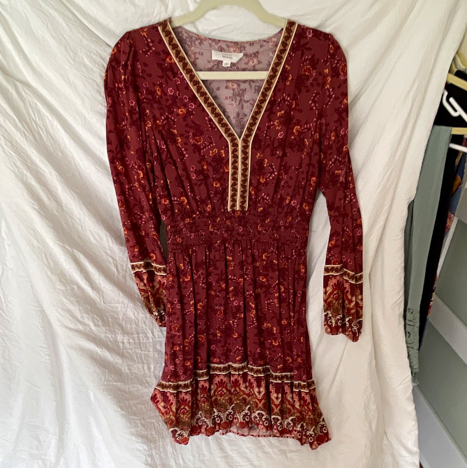 Lucky Brand Women’s Medium Boho Floral Mini Dress Long Sleeve Smocked Rayon