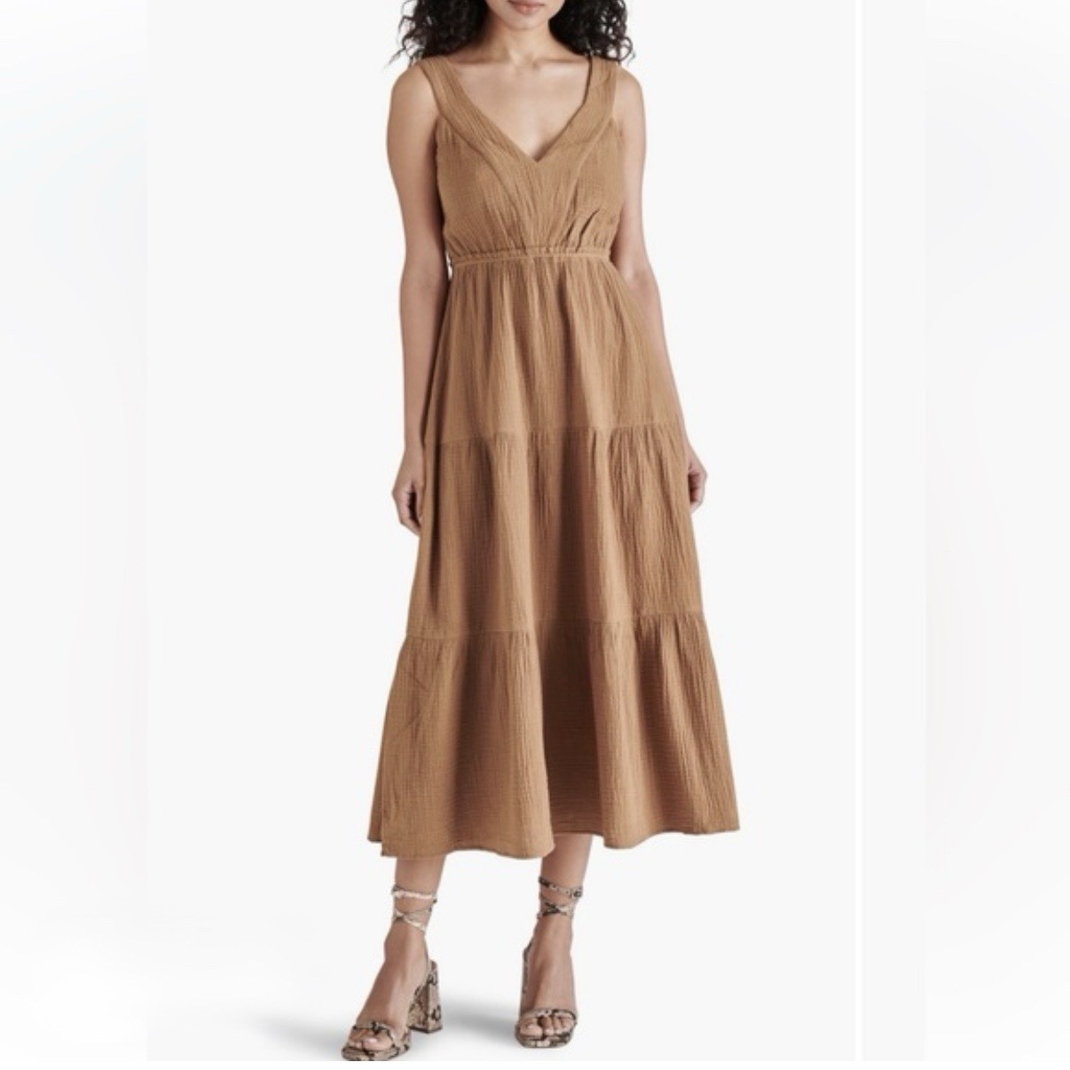 Steve Madden Amira Tiered Cotton Midi Dress Gauze Smocked Brown Tan Toast Size S
