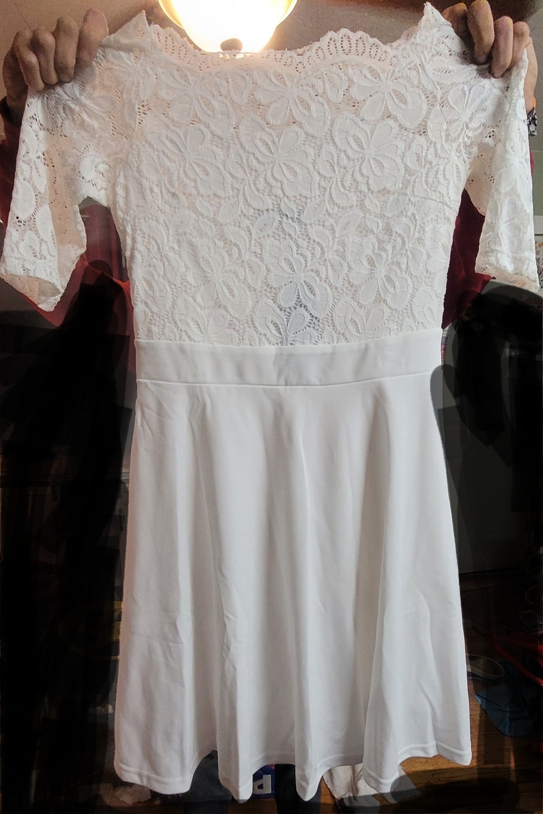 Athlewhi White Floral Lace Off Shoulder A-Line Knee Length Dress Size M (NEW)