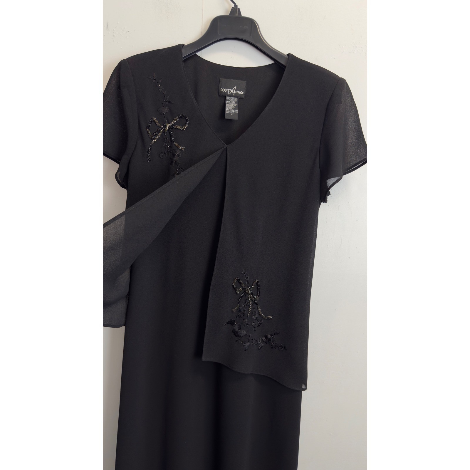 Positive Attitude Womens Black Beaded Bow Midi Dress Mock Two Piece Size 12