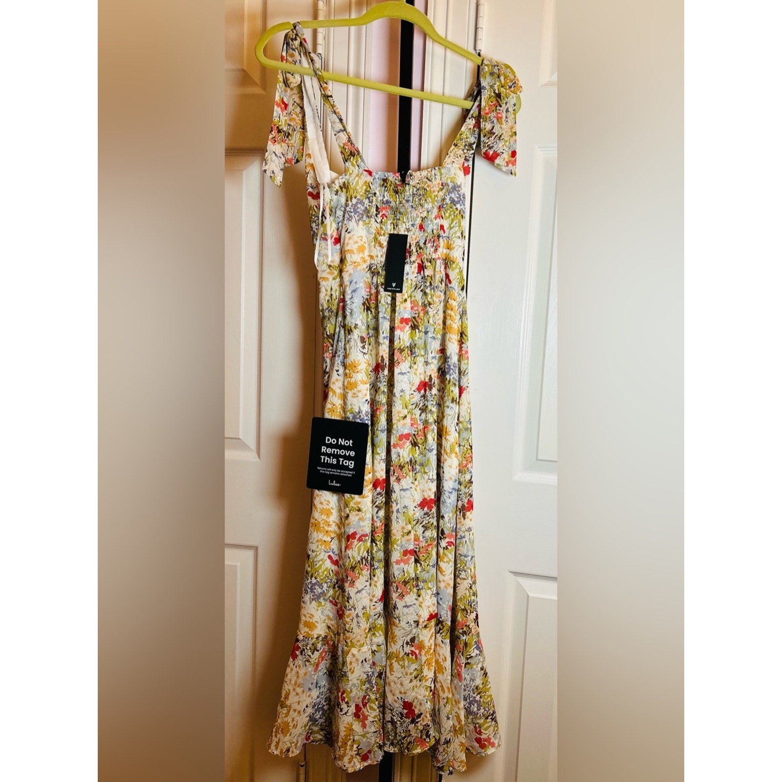 Lulus Summer Invite White Multi Floral Tie-Strap Tiered Midi Dress Small New