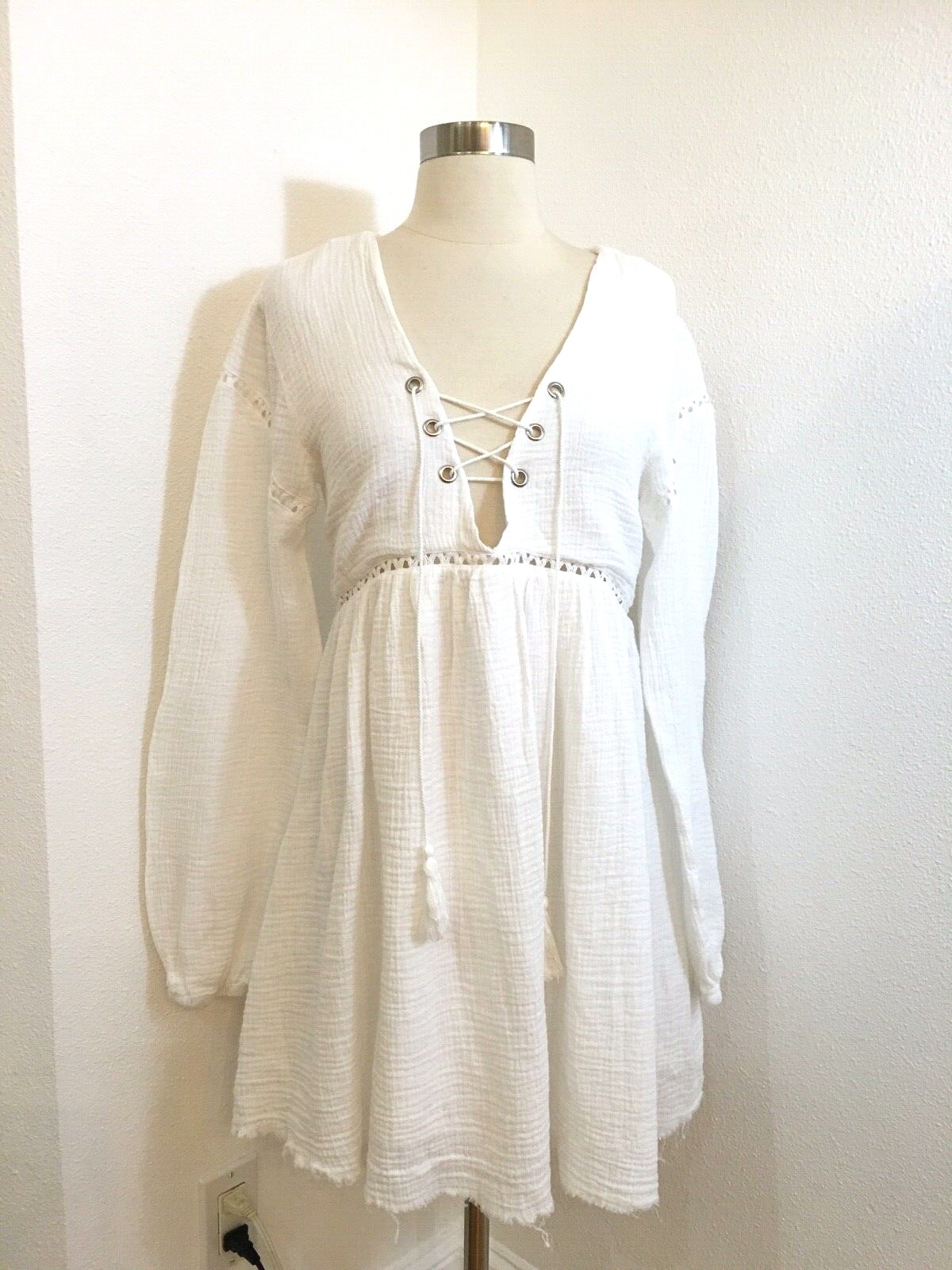 NEW SOME DAYS LOVIN SLIDING CURRENTS COTTON GAUZE BABYDOLL WHITE DRESS SIZE S