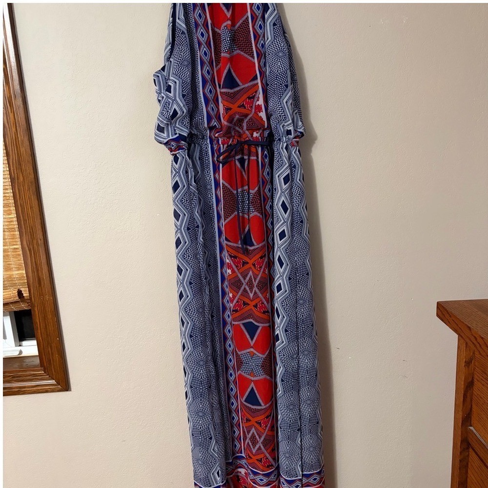 Nine West Womens Geometric Print Maxi Dress Red Navy Blue Size 16 4th of July